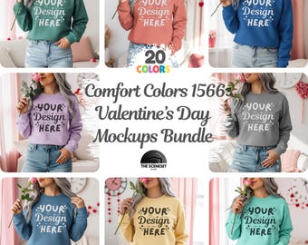 Comfort Colors 1566 バレンタインデー モックアップ バンドル 20個、バレンタイン セーター、モデル モックアップ、トレンディなボヘミアン クルーネック スウェットシャツ C1566 バンドル POD
