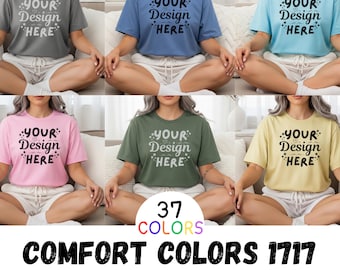 コンフォートカラー C1717 Tシャツ モックアップ バンドル 37枚、CC1717 マルチカラーパック、トレンディなニュートラルボヘミアン風美的ライフスタイルTシャツモックアップ