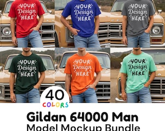 Mens Gildan 64000 Mockup Bundle, Male Model g640 mock up, Soft Style Tee - 40 Colors