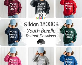 10x Child Gildan 18000B Mockup Boys Sweatshirt Bundle, Kids Sweater Mockup Bundle, Childrens Crewneck Boho, Youth Model Sweater Mock-up POD