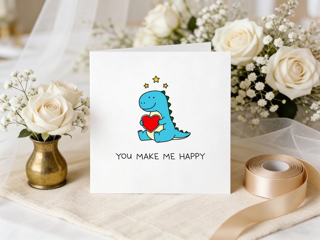 Dinosaur Love Greeting Card, Cute Dino Holding Heart, You Make Me Happy ...