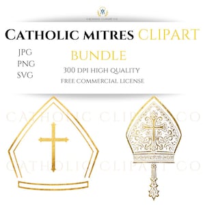 Może przedstawiać: Złoty pakiet clipartów z mitrami katolickimi. Obraz przedstawia dwa projekty mitr, jeden z krzyżem, a drugi ze zdobieniami. Tekst zawiera "Catholic Mitres Clipart" i opcje typu pliku: JPG, PNG, SVG.