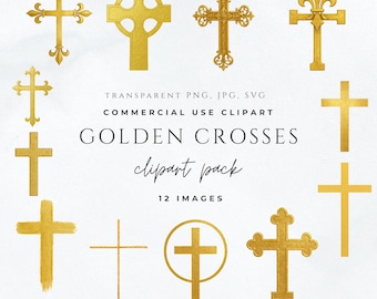 Golden Cross Clipart Bundle | Gold Christian Crosses PNG SVG JPG | Catholic Clipart, Baptism, First Communion, Wedding Printable Designs