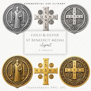 St Benedict Medal Clipart PNG Bundle, Catholic Medal Graphics, Gold and Silver Saint Benedict Cross Clipart, Religious Commercial Use Image