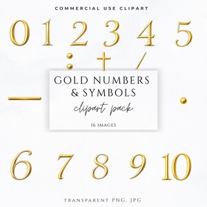 May include: A collection of gold-colored numbers and symbols, including the numbers 0 through 10, a colon, a plus sign, a slash, a minus sign, and a period. The text "GOLD NUMBERS & SYMBOLS clipart pack" is displayed on a white background.