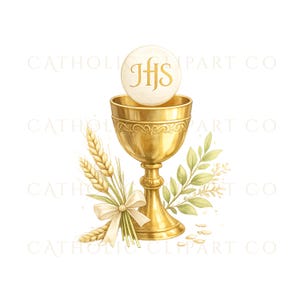 Catholic First Communion chalice and host watercolor clipart | Cáliz y hostia de Primera Comunión católica en acuarela