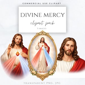 Puede incluir: Paquete de imágenes prediseñadas digitales con tres imágenes de Jesucristo. Las imágenes incluyen un retrato, una representación de cuerpo completo con rayos de luz y una imagen enmarcada. El texto "DIVINE MERCY clipart pack" se muestra en la parte superior.