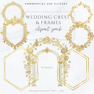May include: A selection of gold wedding crests and frames in diverse shapes, such as circles, ovals, and hexagons. The clipart pack features floral and ornate designs, with the text "WEDDING CREST & FRAMES clipart pack" and "25 IMAGES".