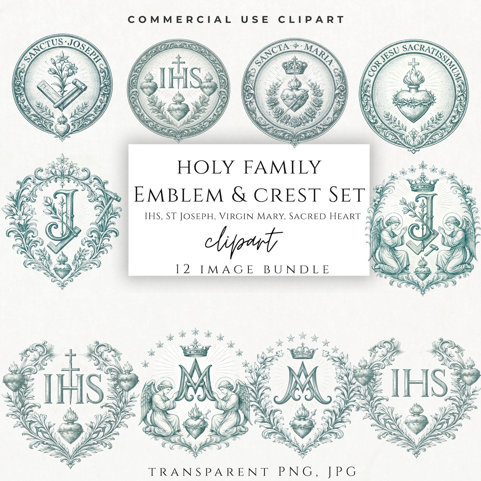 Single Graphics Catholic Catholic Clipart Bundle PNG | Sacred Heart IHS Virgin Mary St Joseph ...