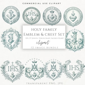 Catholic Clipart Bundle PNG | Sacred Heart IHS Virgin Mary St Joseph Catholic Symbols | Church Crest Graphics for Wedding Invitations