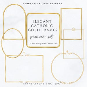 May include: A selection of elegant gold frames in diverse shapes, including rectangles, ovals, and circles. The frames are decorated with religious symbols like crosses and a stylized letter M. Text on the image reads "ELEGANT CATHOLIC GOLD FRAMES premium set".