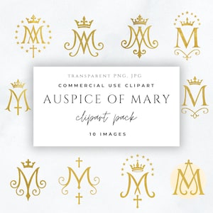 Paquete de imágenes prediseñadas de la Invocación de María, Monograma mariano dorado PNG, Imágenes prediseñadas de símbolos católicos, Logotipo de Ave María, Elementos de estampas religiosas vintage, Arte cristiano