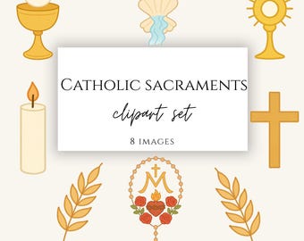 Pack de cliparts pour les sacrements catholiques | 8 symboles chrétiens | baptême, eucharistie, confirmation, chapelet, ostensoir | Téléchargement PNG JPG