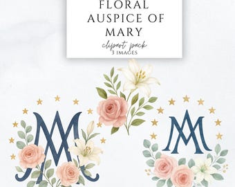 May include: A digital clipart set titled Floral Auspice of Mary featuring three images. The designs include a navy blue monogram of the letters AM surrounded by pink roses, white lilies, green leaves, and gold stars on a white background.