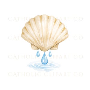 Puede incluir: Ilustraci&oacute;n en acuarela de una concha de vieira beige con detalles dorados, con tres gotas de agua azules cayendo en un charco. La imagen tiene un tema religioso.