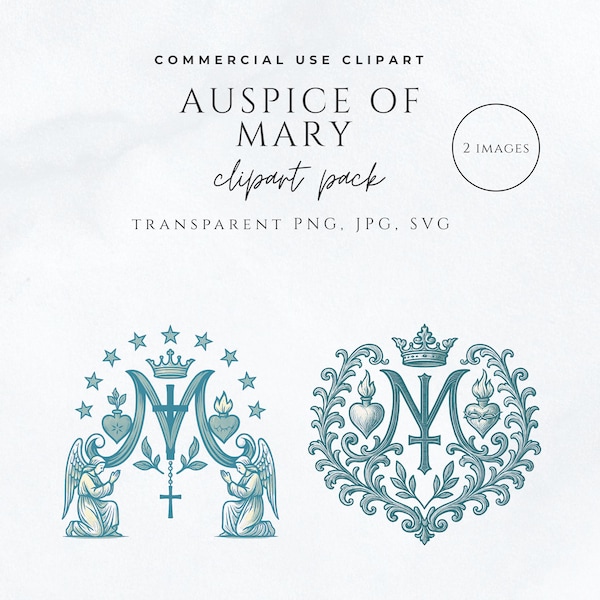 Auspice of Mary Clipart, Marian Monogram PNG SVG, Catholic M Symbol Clipart Set, Vintage Blue Marian Emblem, Luxury Catholic Art