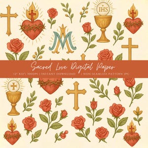 Puede incluir: Papel digital con un patrón repetido de símbolos religiosos. El diseño incluye cruces doradas, cálices y corazones con llamas y espinas. También se presentan rosas rojas y hojas verdes. Se muestra el texto "Sacred Love Digital Paper".