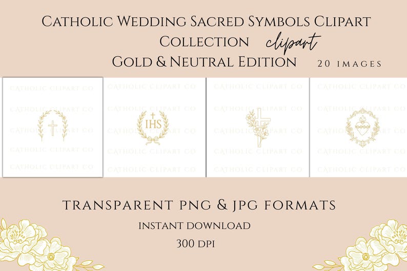 Sacred Heart wedding crest in gold line art • Escudo del Sagrado Corazón en estilo de líneas doradas