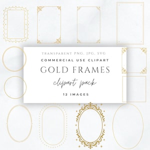 Puede incluir: Una colección de marcos dorados en varias formas, incluyendo rectángulos, círculos y óvalos. Algunos marcos presentan diseños de esquina ornamentados y elementos decorativos. La imagen incluye el texto "GOLD FRAMES clipart pack 12 IMAGES".