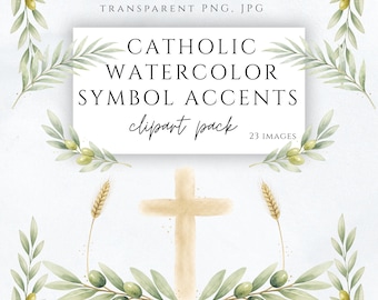 Catholic Watercolor Clipart | Religious Botanical PNG | Wedding Baptism Communion Church Design Elements