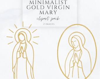 Virgin Mary Clipart | Minimalist Gold Catholic Marian Line Art | Modern Religious Clipart | Commercial Use PNG JPG