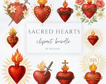 Heilig Hart Clipart-bundel | Katholieke heilige harten PNG JPG | Christelijke aquarel illustratiesset | Religieuze clipart voor commercieel gebruik
