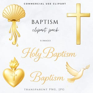 May include: A collection of gold-colored baptism-themed clipart images. The images include a shell, a cross, a heart with a cross, and a dove with an olive branch. Text includes "BAPTISM clipart pack" and "Holy Baptism".