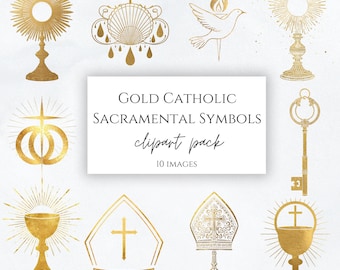 Paquete de imágenes prediseñadas de símbolos sacramentales católicos dorados / 10 iconos sacramentales dorados / PNG católico / Arte para bautismo, comunión y confirmación