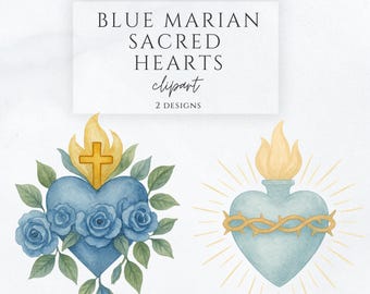 Blauwe clipartbundel heilig hart | Katholieke aquarel, png-bestand | Illustraties van onbevlekt hart en heilig hart | Christelijke kunst