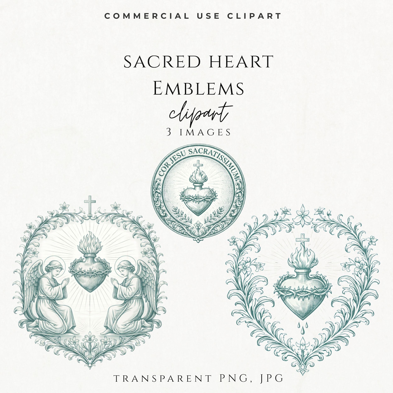 Sacred Graphics Sacred Heart Clipart PNG | Vintage Sacred Heart of Jesus Emblem Set ...