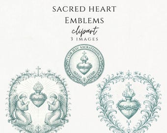 Sacred Heart Clipart PNG | Vintage Heiliges Herz von Jesus Emblem Set | Katholische religiöse Wappen Grafiken kommerzielle Nutzung