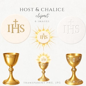 Könnte beinhalten: Digitales Clipart-Set mit religiösen Symbolen. Enthält goldene Kelche und Hostien mit dem IHS-Symbol sowie ein Sonnenstrahlen-Design. Der Text lautet "HOST & CHALICE clipart 6 IMAGES TRANSPARENT PNG, JPG".