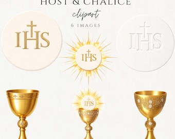 Imágenes prediseñadas de Primera Comunión, hostia católica y cáliz, símbolos IHS, cáliz eucarístico dorado PNG, gráficos de iglesia