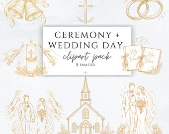 Catholic Wedding Ceremony Clipart PNG | Gold Line Art Church, Cross, Rings & Vows | Christian Wedding Day Commercial Use