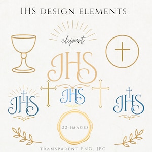 IHS Design Elements Clipart | Catholic IHS Symbol, Gold & Blue Religious Icons, Eucharist, Crosses, Seals | Commercial use PNG