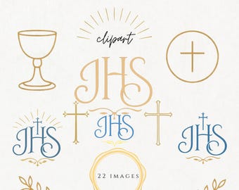 IHS Design Elements Clipart | Catholic IHS Symbol, Gold & Blue Religious Icons, Eucharist, Crosses, Seals | Commercial use PNG
