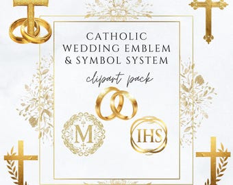Catholic Wedding Symbols Clipart PNG | Gold Christian Wedding Emblems | IHS Monogram Cross Rings | Commercial Use