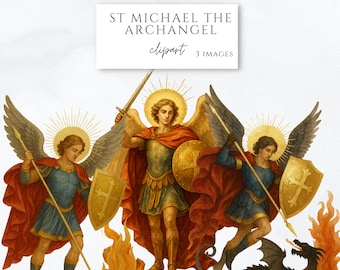 St Michael the Archangel Clipart, Catholic Archangel Michael PNG, Luxury Watercolor Saint Michael Art, Christian Warrior Angel Clipart Set