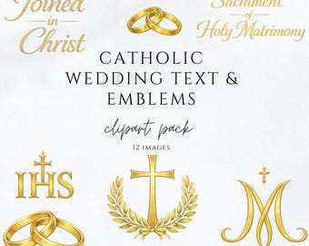 Catholic Wedding Clipart | Holy Matrimony Text & Emblems | Joined in Christ Gold PNG | Religious Marriage Design