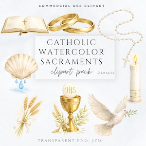 Catholic watercolor sacraments clipart set with baptism, communion, confirmation, and wedding symbols | Clipart de sacramentos católicos en acuarela con bautismo, comunión, confirmación y boda