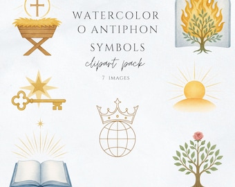 Watercolor O Antiphon Symbols Clipart | Catholic Advent Art, Liturgical Clipart Set, Jesse Tree, Catechesis Images, PNG JPG