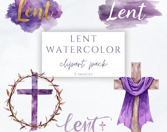 Lent Watercolor Clipart PNG | Christian Lent Clipart Set | Purple Cross & Lent Text | Religious Graphics