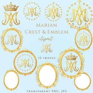 Könnte beinhalten: Eine Sammlung goldener Marianischer Wappen- und Emblem-Clipart-Bilder auf hellblauem Hintergrund. Die Designs umfassen Kronen, Kreuze, Sterne, florale Elemente und den Buchstaben "M". Text enthält "MARIAN CREST & EMBLEM clipart" und "12 IMAGES".
