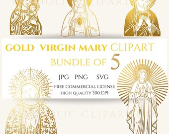 Gold Virgin Mary Clipart | Catholic Blessed Mother Bundle SVG PNG JPG | Religious Marian Line Art, Christian Digital Download