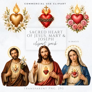 Könnte beinhalten: Digitales Clipart-Paket mit dem Heiligen Herzen Jesu, Marias und Josefs. Die Bilder enthalten Illustrationen des Heiligen Herzens mit Flammen, Dornen und Blumen sowie Porträts von Jesus, Maria und Josef. Der Text lautet "SACRED HEART OF JESUS, MARY & JOSEPH clipart pack".
