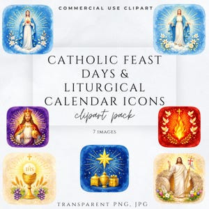 Op de afbeelding: Een verzameling van zeven katholieke feestdagen en liturgische kalendericonen. De afbeeldingen bevatten illustraties van religieuze figuren, symbolen en objecten, zoals een kelk, een ster en een vlam. De tekst op de afbeelding luidt "COMMERCIAL USE CLIPART" en "CATHOLIC FEAST DAYS & LITURGICAL CALENDAR ICONS clipart pack".