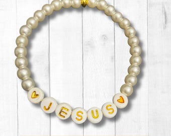 Jesus Pearl Stretchy Bracelet: Gold and White Beads