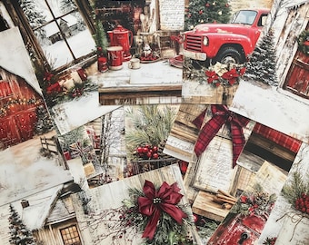 May include: A collection of rectangular Christmas-themed cards featuring various winter scenes including a red truck, a snowy barn, a cozy kitchen with a red kettle, pine branches, poinsettias, plaid ribbons, and rustic wooden textures.