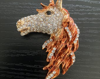 Vintage Brown Horse Rhinestone Brooch Pin, Farm Animal Brooch Badge