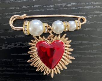 Vintage Faux Pearl Red Sacred Heart Brooch Safety Pin, Golden Badge Gift